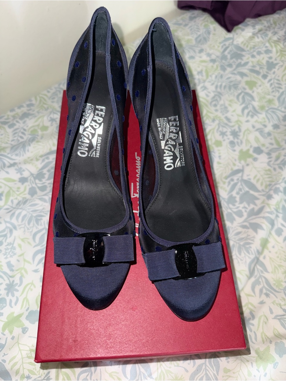 Salvatore Ferragamo Carla Dotted Mesh Pumps in Navy Blue